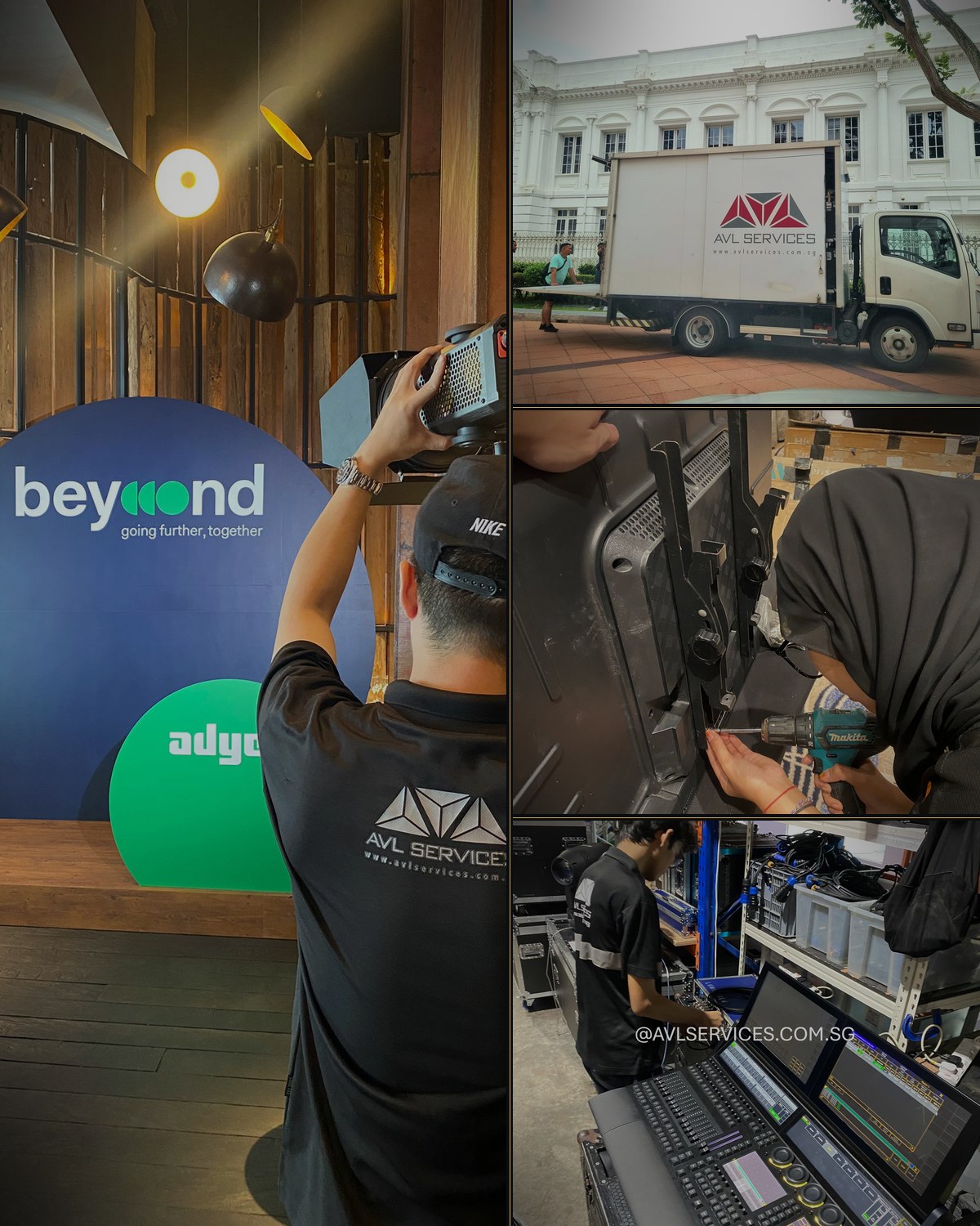Collage of the AVL Services team at work across Singapore — engineers rigging moving lights, the branded AVL delivery truck, interns installing LED walls, and technicians programming lighting consoles
