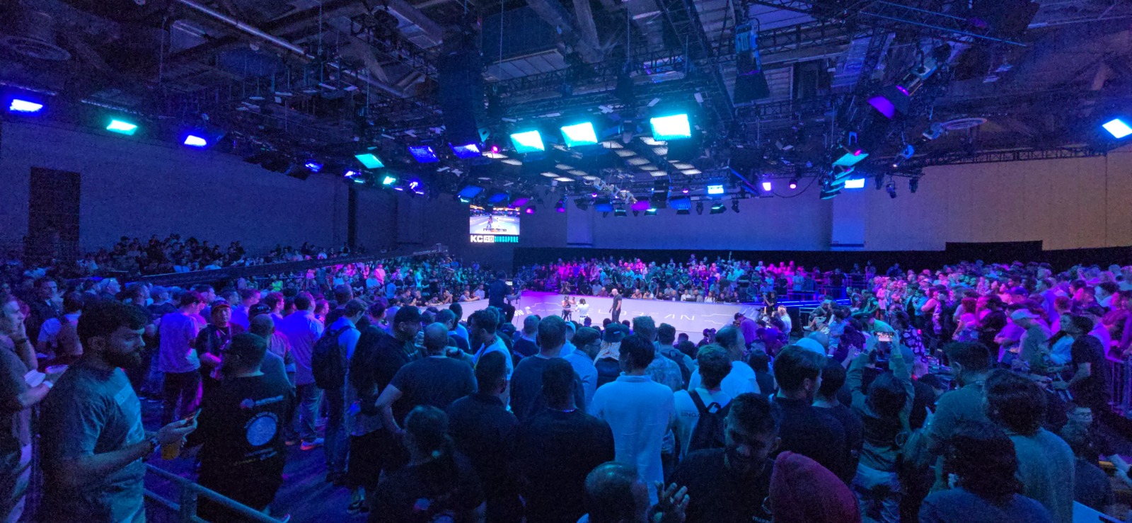 Karate Combat KC49 arena with full LED floor, overhead moving lights and broadcast camera positions